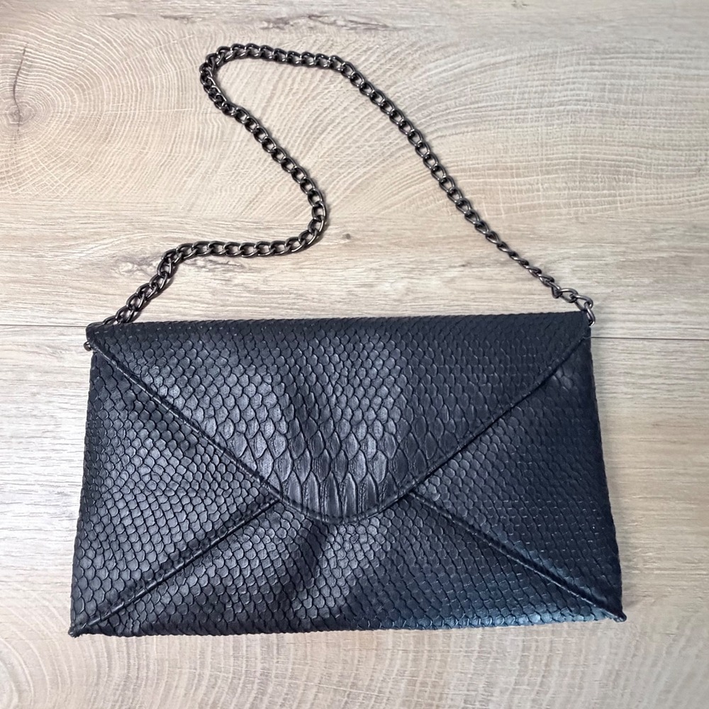 Vintage Jessica McClintock Black Snake Embossed Envelope Clutch Shoulder Purse